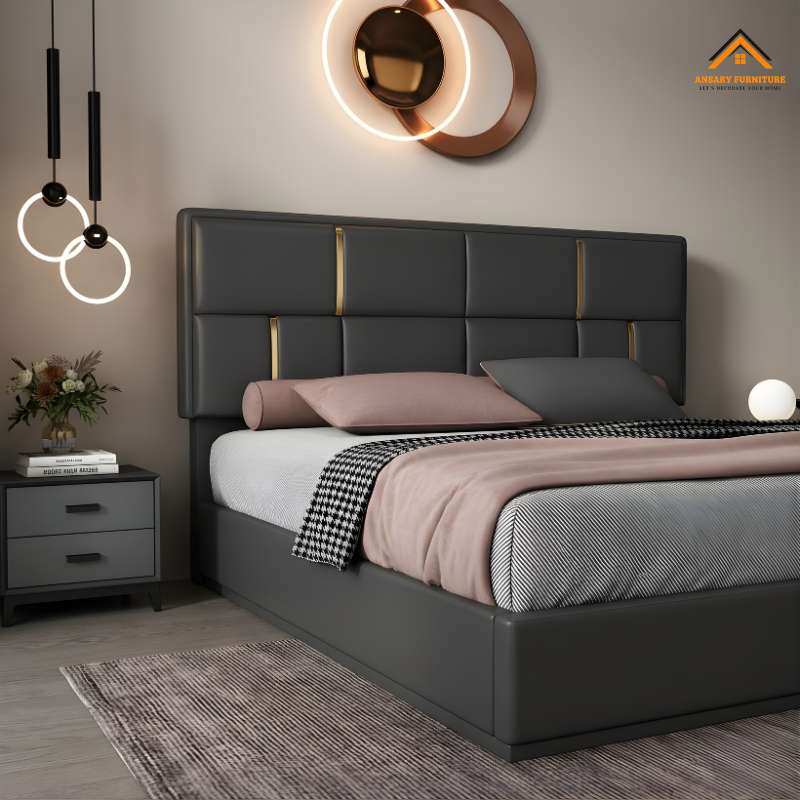 Zenith Luxe Modern Bed Frame UAE – Matte Black Upholstered Storage Bed with Gold Accents 4 Designer Matte Black Headboard with Gold Trim