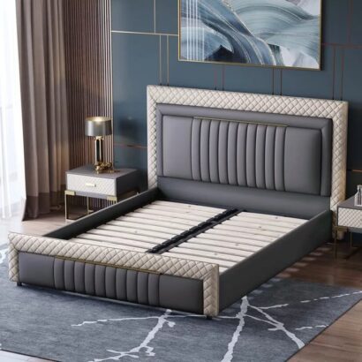 Upholstered bed frame with matching grey nightstands.