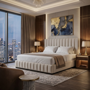 Ansary Furniture modern vertical channel tufted platform bed in beige fabric.