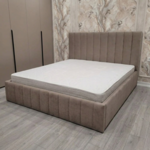 Modern upholstered bed frame in beige velvet by Ansary Furniture.