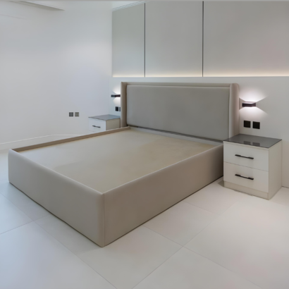Sleek low-profile upholstered platform bed design.