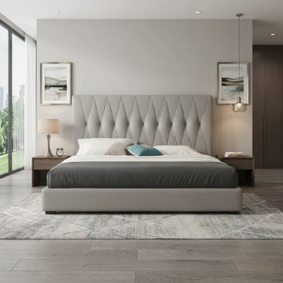 Elegant Fabric Bed Grey Upholstered Frame