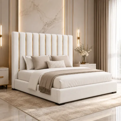 Bettie ivory channel bed with wide upholstered headboard and modern frame UAE