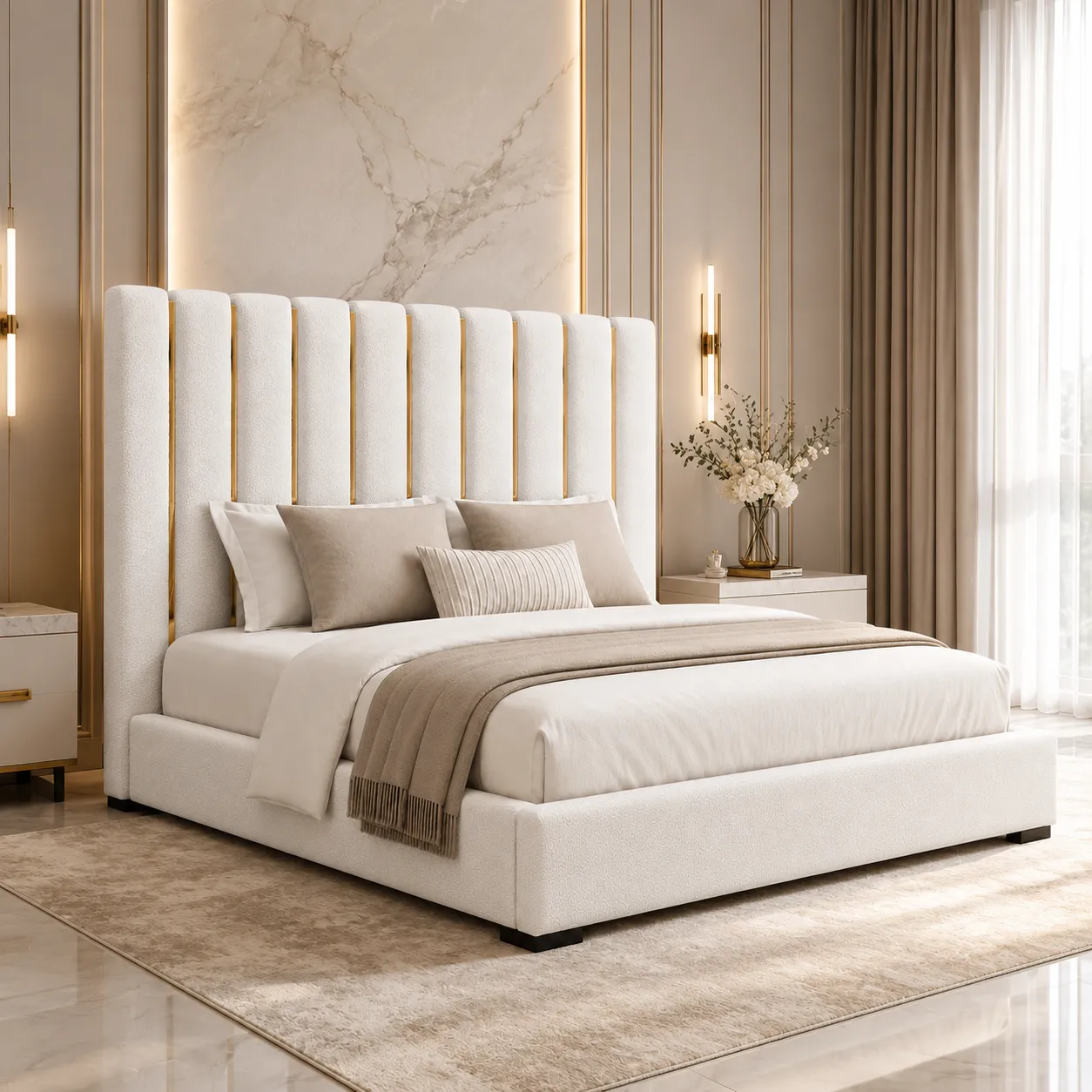 Bettie ivory channel bed with wide upholstered headboard and modern frame UAE