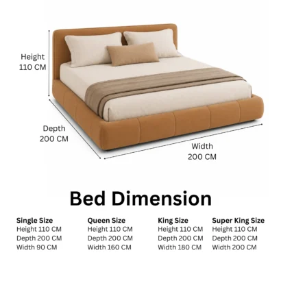 Luxury Modern Bed Frame Dubai UAE featuring camel fabric upholstery and a soft padded headboard.