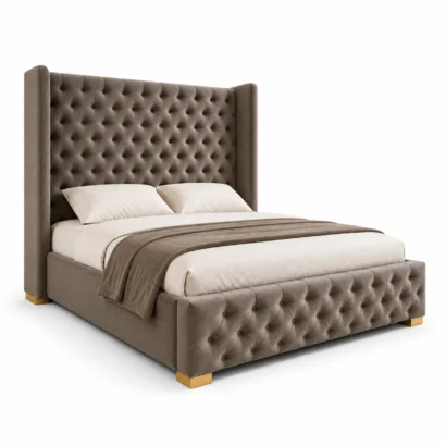 Grey Velvet Ottoman Storage Bed with Hydraulic Lift and Deep Button Tufting in Dubai UAE