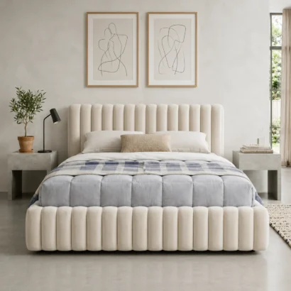 Luxury upholstered king size bed frame with premium craftsmanship available in UAE.