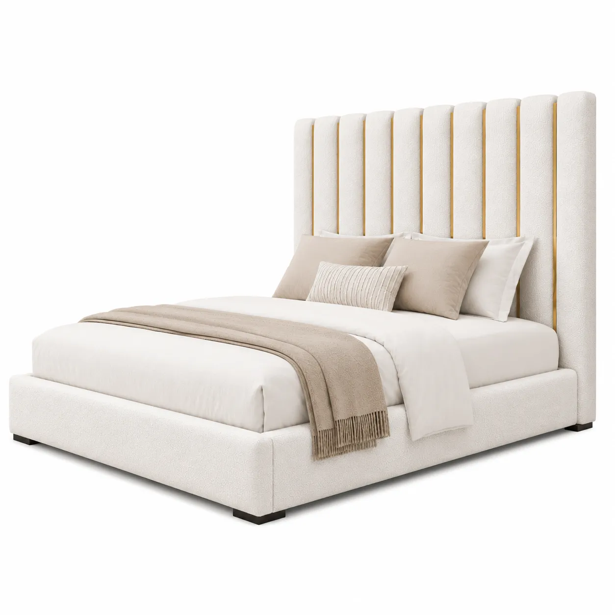 Ivory bouclé king bed with a modern upholstered frame in Dubai