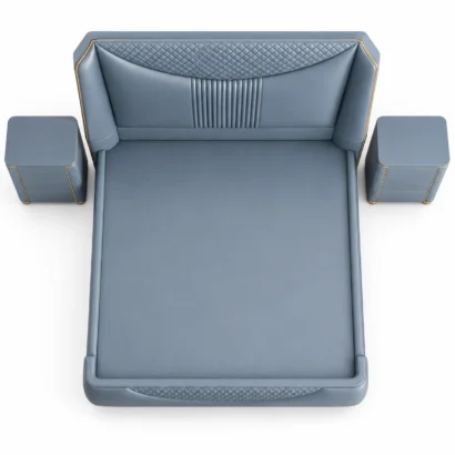 Elara Luxury Blue Leather Bed Frame with matching two side tables placed in a luxury modern bedroom in Dubai, UAE.