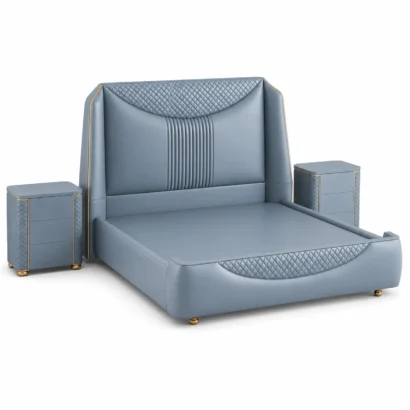 Close-up of the premium blue leather upholstered headboard on the Elara Luxury Bed Frame with fine stitching details.