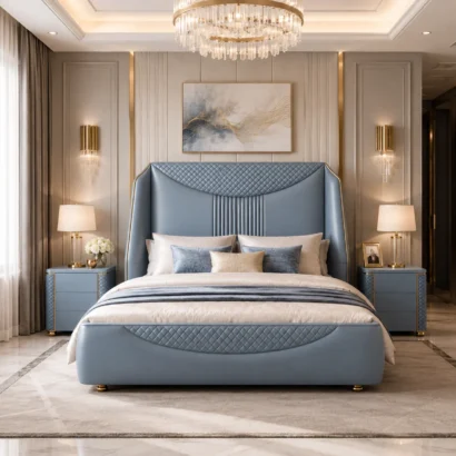 Elara luxury blue leather upholstered bed with matching bedside tables, designed for elegant and modern bedrooms.