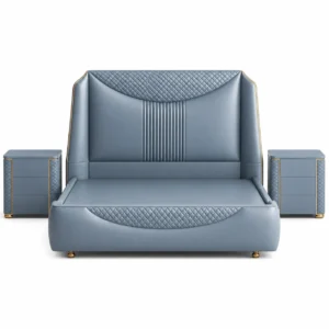 Elara Luxury Blue Leather Bed Frame with matching two bedside tables, premium modern bedroom furniture in Dubai, UAE.
