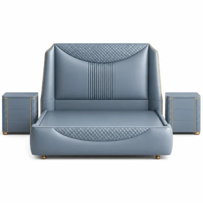 Elara Luxury Blue Leather Bed Frame with matching two bedside tables, premium modern bedroom furniture in Dubai, UAE.
