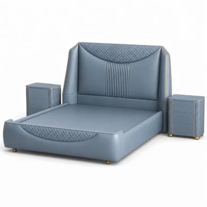 Front view of the Elara Luxury Blue Leather Bed Frame with matching two side tables and contemporary upholstered headboard.