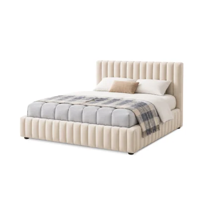 Elegant luxury king bed frame in soft fabric for contemporary bedroom interiors.