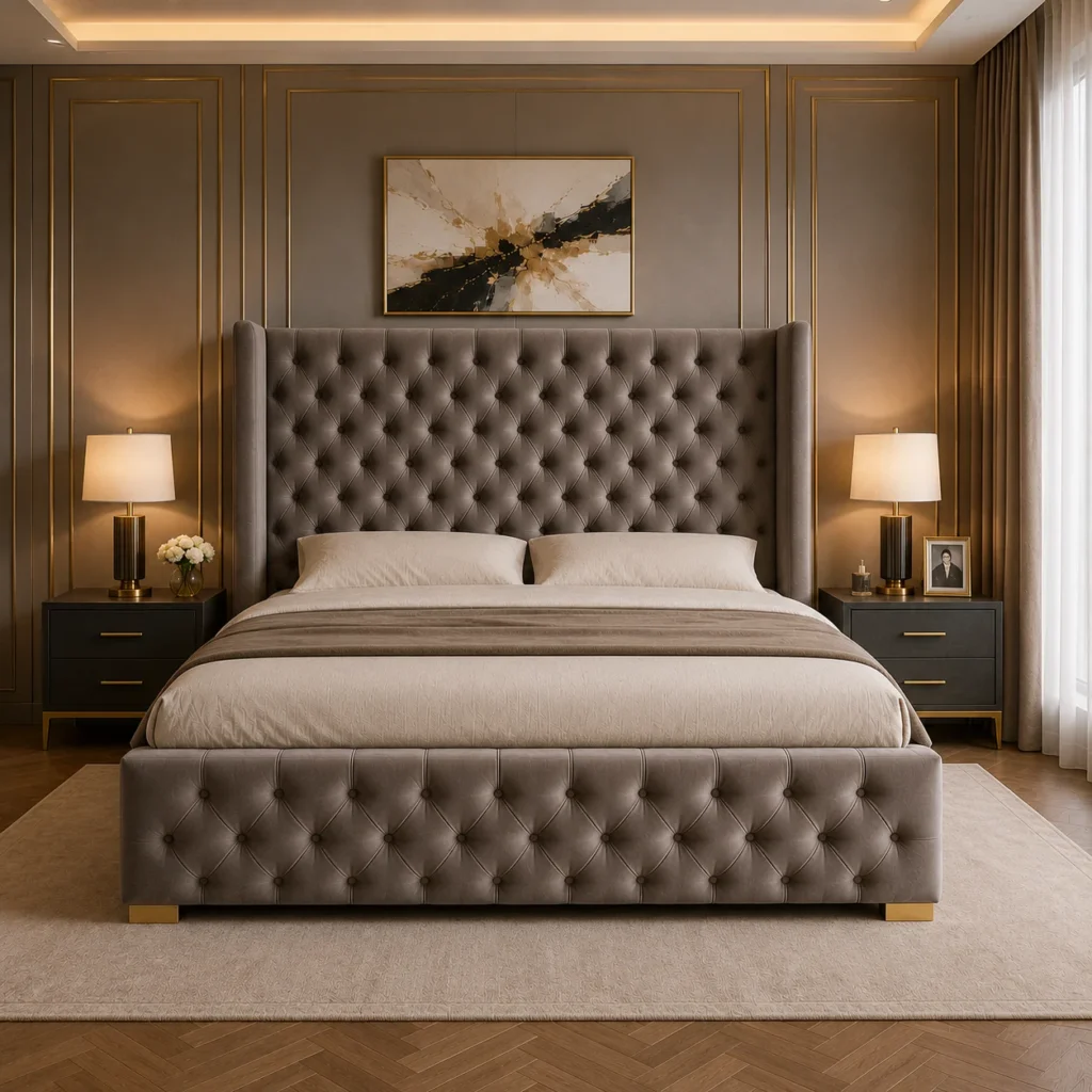 Luxury Velvet Ottoman Bed with Hidden Storage and Wingback Headboard in Dubai