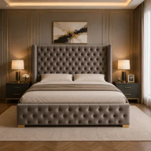 Luxury Velvet Ottoman Bed with Hidden Storage and Wingback Headboard in Dubai