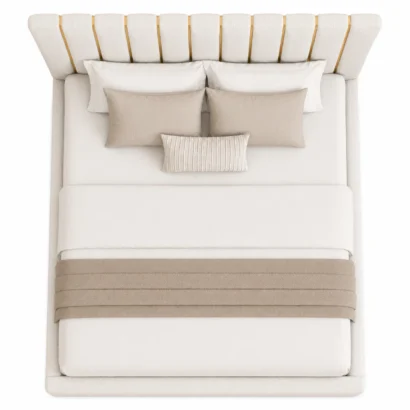 Modern bouclé bed frame with a tall vertical channel headboard Dubai