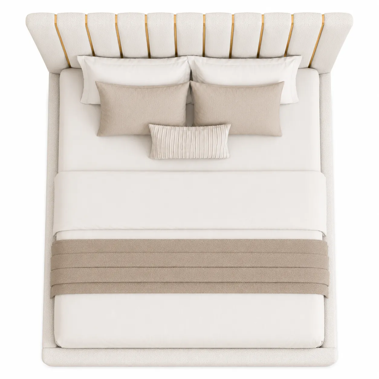Modern bouclé bed frame with a tall vertical channel headboard Dubai