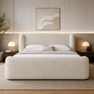 King Size Bed Frame Dubai styled in a luxury bedroom with premium upholstery and sophisticated modern design.