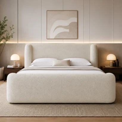 King Size Bed Frame Dubai styled in a luxury bedroom with premium upholstery and sophisticated modern design.