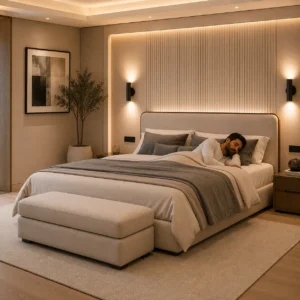 Luxury Royal Comfort Fabric Bed Set with Matching Ottoman Bench for modern Dubai bedrooms