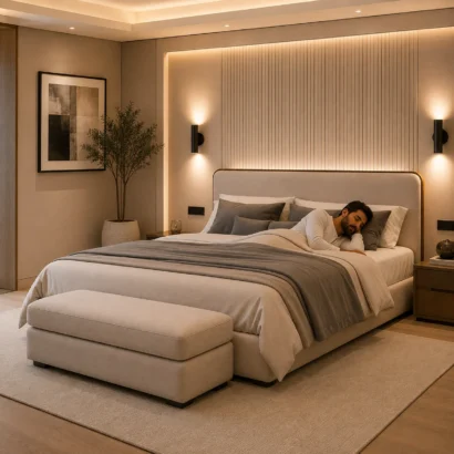 Luxury Royal Comfort Fabric Bed Set with Matching Ottoman Bench for modern Dubai bedrooms