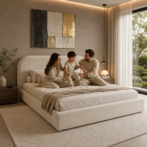 Luxury Serene Arc King Size Bouclé Bed Frame designed for elegant and modern UAE bedrooms