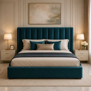 Luxury teal fabric bed with a soft upholstered headboard for elegant bedroom interiors in Dubai.