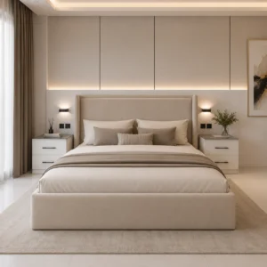 Modern Velvet Platform Bed featuring a minimalist upholstered headboard in Dubai