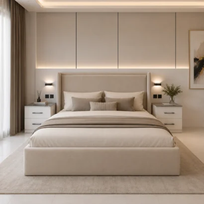 Modern Velvet Platform Bed featuring a minimalist upholstered headboard in Dubai