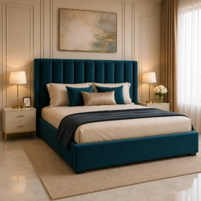 Modern fabric bed frame featuring premium velvet upholstery and contemporary design in the UAE.
