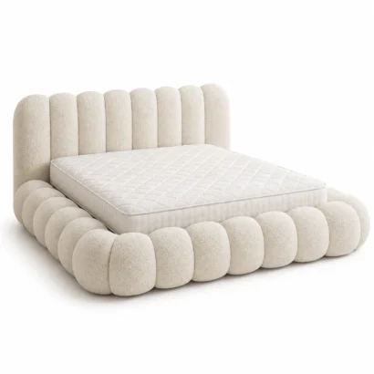 Left angle view of Modern Organic Bouclé Bed with luxury ivory bouclé fabric and contemporary upholstered headboard