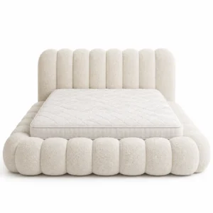 Modern Organic Bouclé Bed in premium ivory textured bouclé fabric with 8-panel upholstered headboard - luxury bed in Dubai UAE