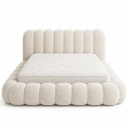 Modern Organic Bouclé Bed in premium ivory textured bouclé fabric with 8-panel upholstered headboard - luxury bed in Dubai UAE