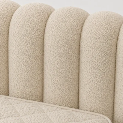 Close-up of premium textured bouclé fabric on Modern Organic Bouclé Bed showing soft luxury upholstery texture