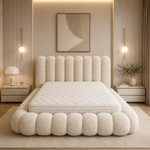 Close-up of 8-panel upholstered headboard on Modern Organic Bouclé Bed in premium ivory bouclé fabric