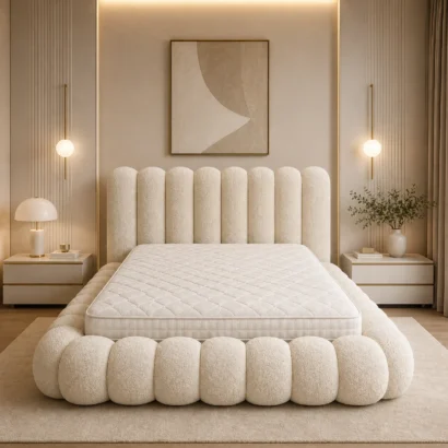 Close-up of 8-panel upholstered headboard on Modern Organic Bouclé Bed in premium ivory bouclé fabric