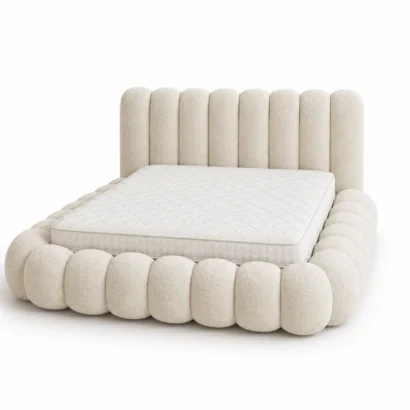 Right angle view of Modern Organic Bouclé Bed featuring premium textured bouclé fabric and oversized upholstered frame