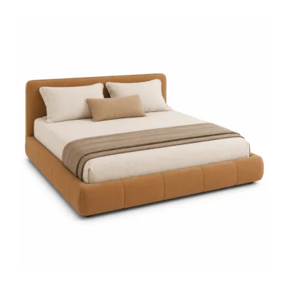 Camel upholstered Modern Bed Frame Dubai UAE designed for luxury bedrooms and modern interiors.