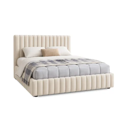 Modern cream upholstered king size bed frame with vertical channel tufted design.