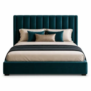 Elegant Fabric Bed Frame with premium teal upholstery and vertical headboard in Dubai, UAE.