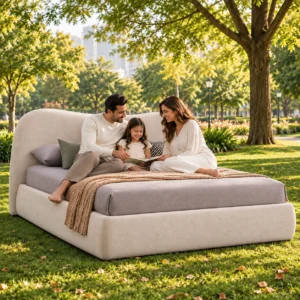 Serene Curved Headboard Bed in a family bedroom lifestyle setting