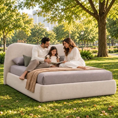 Serene Curved Headboard Bed in a family bedroom lifestyle setting