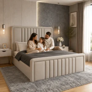 Left side view of a premium Space Saving Storage Bed in Dubai with elegant upholstered finish and hidden storage.
