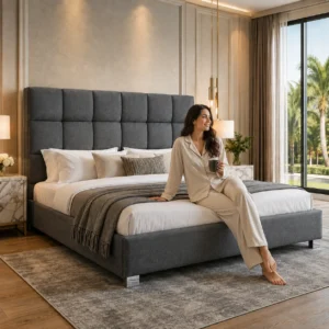 Luxury Square Tufted Upholstered Bed Frame UAE with elegant lifestyle setting showcasing premium comfort and modern design.