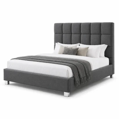 Luxury Square Tufted Upholstered Bed Frame UAE front right 45 degree view with premium woven fabric and chrome legs.