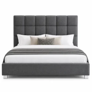 Square Tufted Upholstered Bed Frame UAE in slate grey premium woven fabric with deep padded headboard by Ansary Furniture.