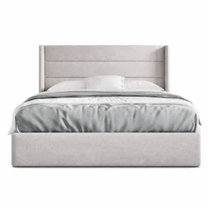Modern storage bed frame with upholstered headboard and spacious hidden storage for contemporary bedrooms.
