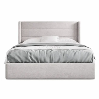 Modern storage bed frame with upholstered headboard and spacious hidden storage for contemporary bedrooms.